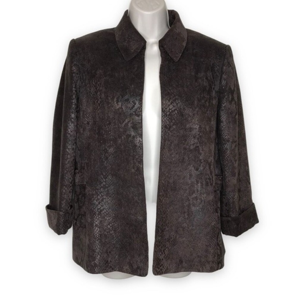 Preston and York Metallic Reptile Print Open Front Brown Lined Jacket Women 12